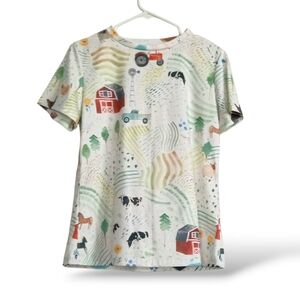 Summer On The Farm Print Short Sleeve Tee Shirt Cow Horse Barn Western Country M